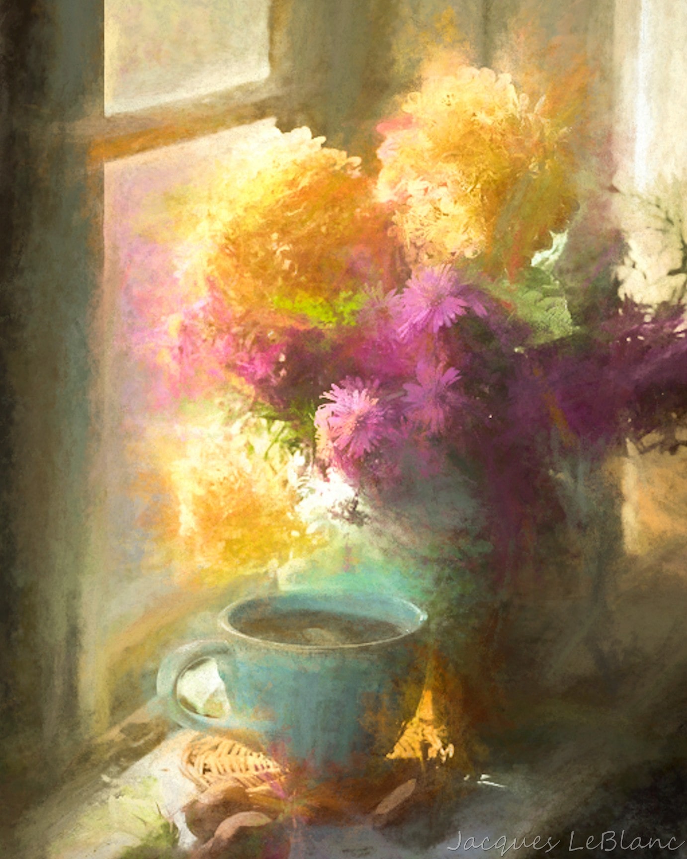 A cup of coffee rests on a windowsill next to a beautiful vase with flowers in this Impressionist image. 