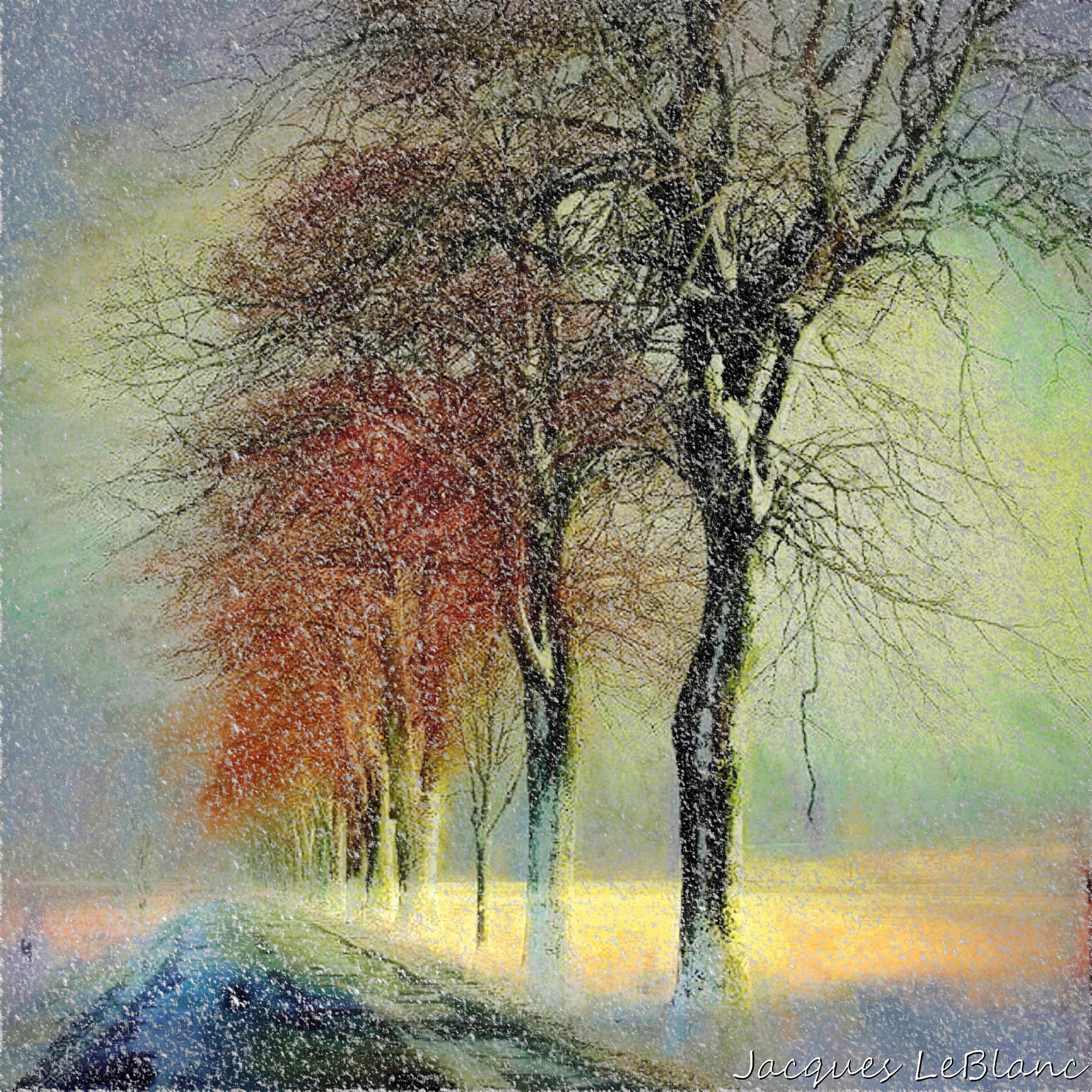 A field becomes illuminated by a shaft of light during a snowstorm along this country road.