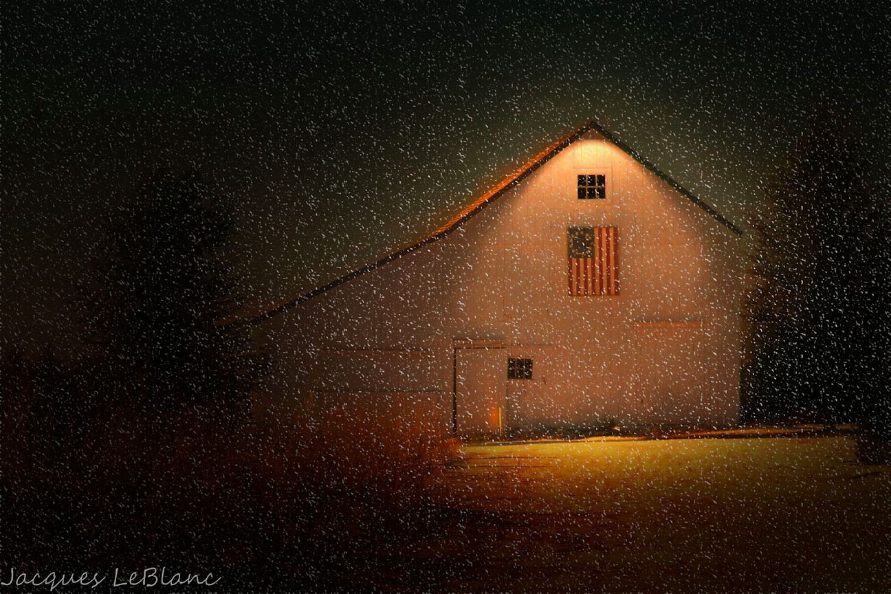 This iconic barn, often called the Flag Barn, was captured on a calm winter night in Laurel on Long Island's North Fork. 
