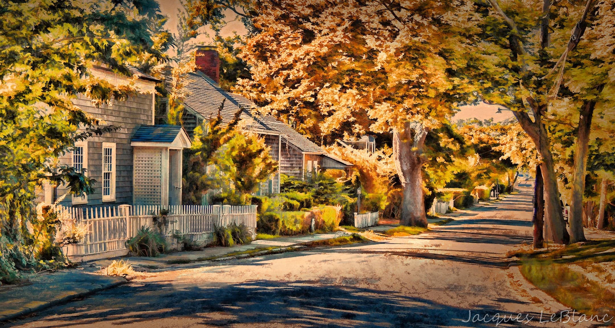 The afternoon sun on this fall day favors one side of Garden Street in Sag Harbor New York's Historic District.