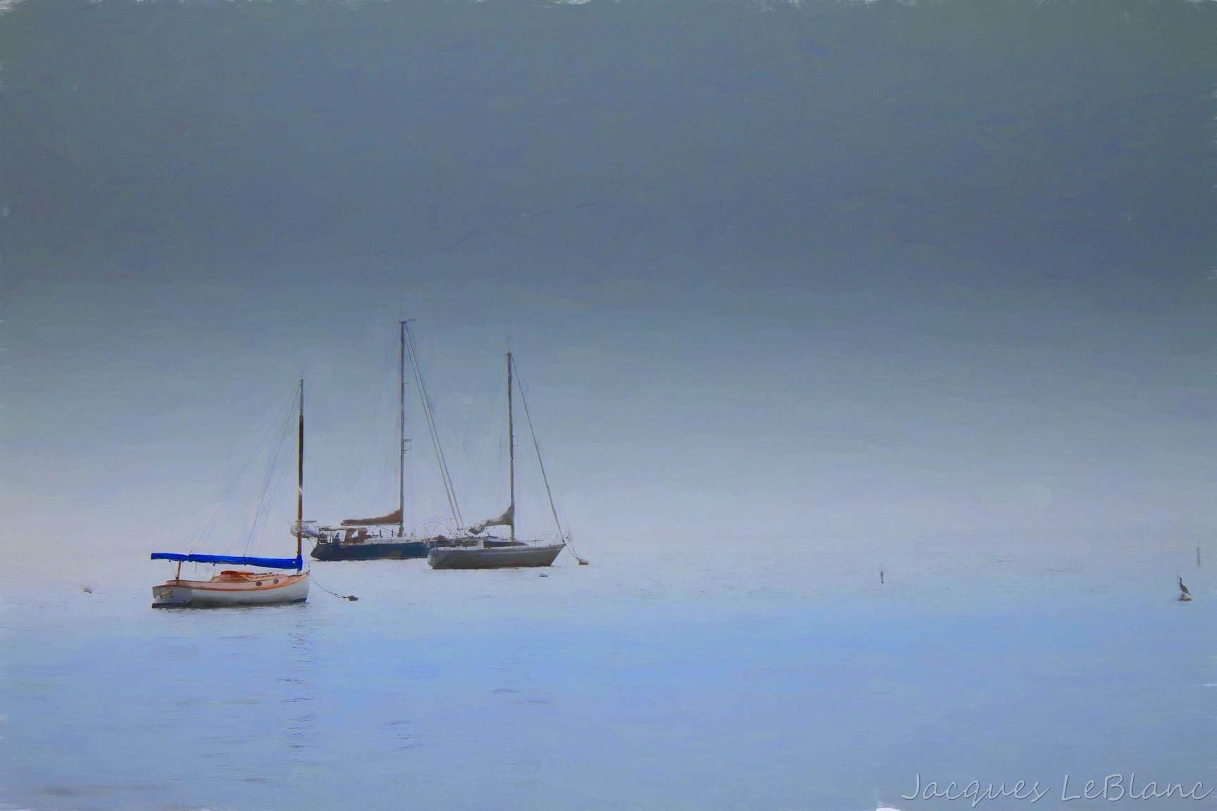 This group of sailboats enshrouded in dense fog appears to be floating in space while anchored in Bellport Bay this early September morning.